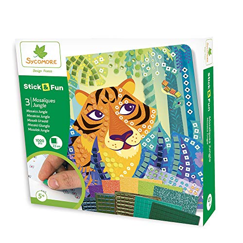 Sycomore-CRE7006 Mosaici autoadesivi per Bambini-3 Quadri Giungla-attività Creativa-Stick & Fun-A Partire dai 5 anni-Sycomore-CRE7006, Multicolore, CRE7006