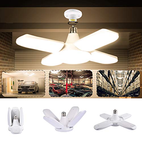 Lampada da Garage a LED, LACYIE E27/E26 80W 8000LM Lampada da Negozio Deformabile con 4 Pannelli Regolabili Plafoniera LED per Garage,Magazzino,Officina,Cantina,Palestra,Cucina (3000K Bianco Caldo)