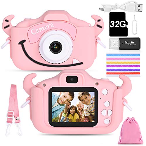 Faburo Bambini Fotocamera Digitale con Scheda SD 32 GB, Macchina Fotocamera Bambini Portatile Selfie Macchina Digital Dual Lens Camera Regalo di Compleanno per Bambini (Rosa)