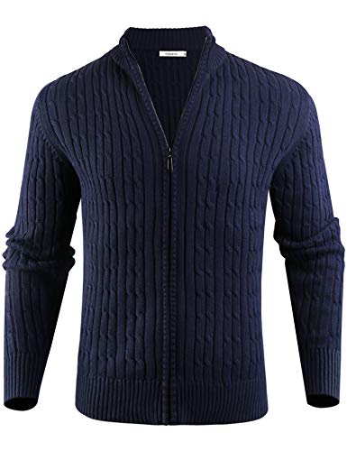 Sykooria Cardigan da Uomo in Maglia Cardigan Manica Lunga con Zip Scollo a V Blu Scuro XL