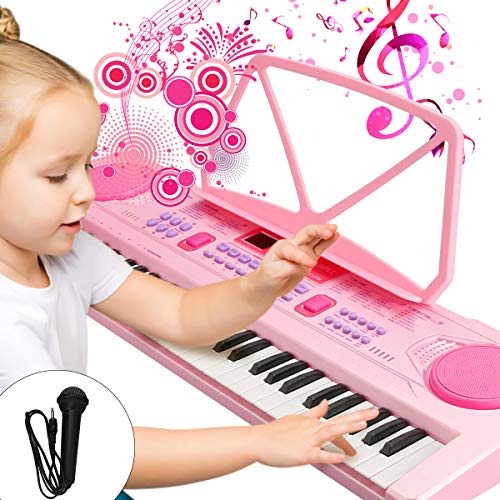 WOSTOO Tastiera Elettronica Pianoforte a 61 Tasti, Tastiera per Pianoforte Portatile con Supporto per Musica, Microfono, Alimentatore Tastiera Digitale per Pianoforte Musicale per Bambini - Rosa