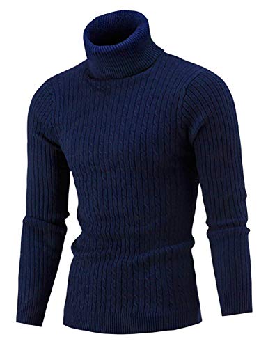 AIDEAONE - Pullover da uomo a collo alto, lavorato a maglia Blu scuro S