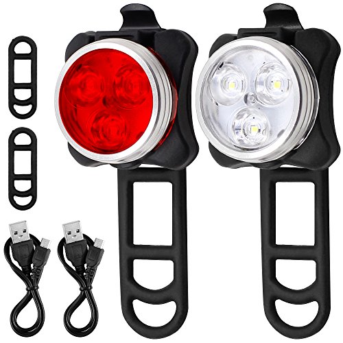 Set di fari per bicicletta, Afunta, con luce LED ricaricabile con 4 modalità di lampeggiamento, 2 cavi USB e 4 cinghie, bianco e rosso