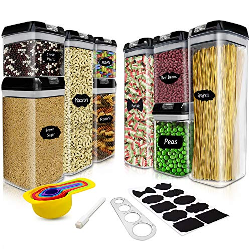 Contenitori Alimentari Contenitore Plastica Con Coperchio Set di 9 per Cereali, Avena, Pasta, Cheerios, Noci, Senza BPA, Etichette, Misurini,Dosa Spaghetti in Acciaio Inox