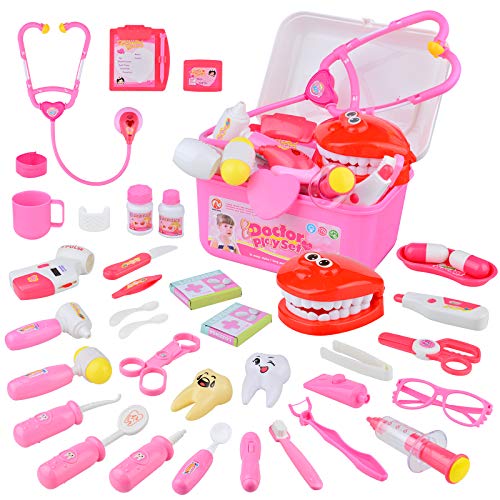 TR Turn Raise Giocattolo Dottore, 38 Pezzi Dottore Bambini Kit,Kit Valigetta Medico Gioco di Ruolo Set per Toddlers 3+ Anni (Rosa)