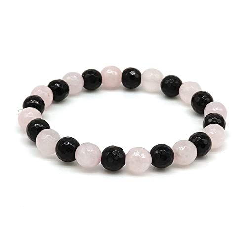 Bracciale in Quarzo Rosa e Onice Nera, Pietre Dure Naturali, Elastico 19 cm, Fatto a Mano