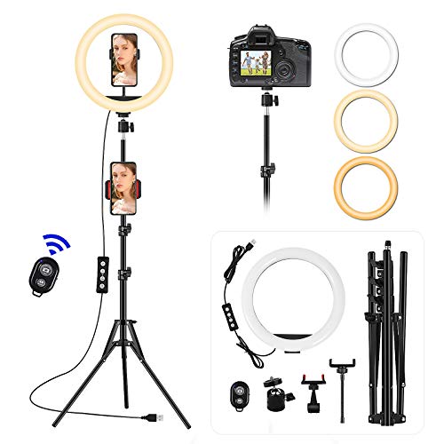 VEVICE Luce ad Anello LED con Stativo Treppiede, 10 pollice Selfie Ring Light con Supporto Telefonico, Telecomando, 3 Modalità Colore e 10 Luminosità Lampada Anulare per TikTok Live Streaming YouTube