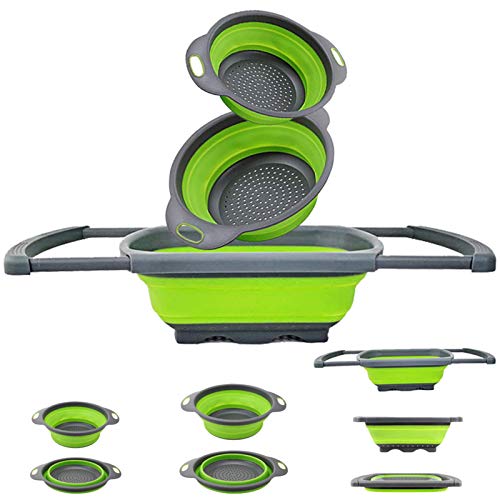 EigPluy Colino Pieghevole in Silicone,Set di 3 Set Scolapasta Pieghevole,Salvaspazio Cucina Colino Cesto con Manico Estensibile per Scolare la Pasta e Lavare Frutta e Verdura