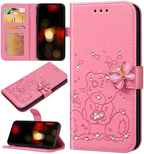 Robinsoni Custodia Compatibile con iPhone 11 Case PU Pelle Portafoglio Scintillare Bling Farfalla & Orsacchiotto di Peluche Stampato Libro Cover Brillante Luccichio Folio Flip Libretto Antiurto Case