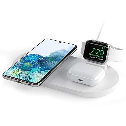 Seacosmo Caricatore Wireless 3 in 1 per Apple Watch 5/4/3/2/1, Qi Supporto di Ricarica Wireless Docking Station per AirPods Samsung Buds, iPhone SE 2020/11/XR/X/8, Samsung Galaxy e telefoni qi, Bianco