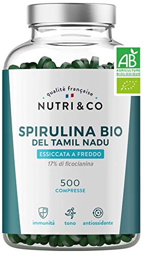 Spirulina Biologica | 500 Compresse Bio da 500 mg Pure Senza Eccipienti | 15 a 19% di Ficocianina | Polvere Essiccata e Compressa a Freddo | Analizzata e Confezionata in Francia da Nutri&Co