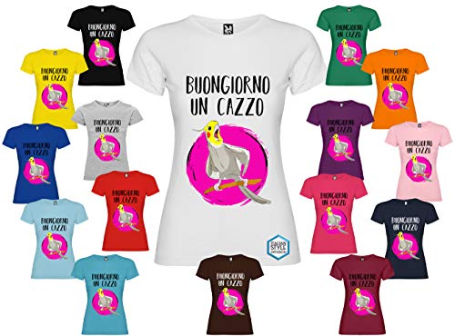 T-shirt personalizzata donna BUONGIORNO UN CAZZO disegno calopsite arrabbiata vari colori