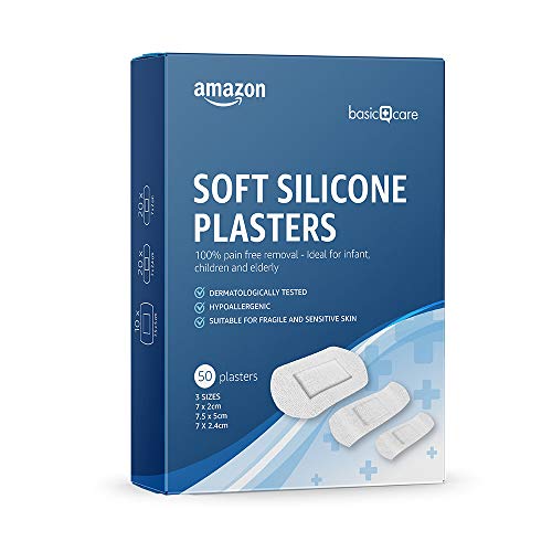 Amazon Basic Care - Morbidi cerotti in silicone, rimozione indolore al 100% - adatti per neonati, bambini e anziani, 3 misure - 50 cerotti