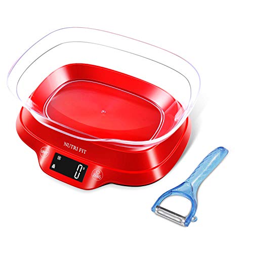 NUTRI FIT Bilancia da cucina digitale Bilancia elettronica per alimenti con ciotola rimovibile Ampio display LCD Interruttore a pulsante Precisione 1g Capacità 5kg / 11lb (Rosso)