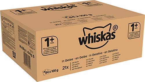 Whiskas Cibo per Gatti, con Pollo, Salmone, Manzo e Tonno in Gelatina, 84 Bustine, 84 x 100 g