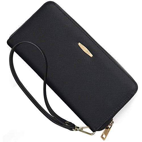 Portafoglio Donna, PU pelle con zip/cerniera XXL di grande capacità, COCASES Clutch Pochette con cinturino per polso (B-nero-XXL)