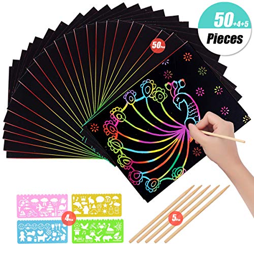 50 Fogli di Disegni Scratch Art,Set di Scratch Block-Notes Foglietti da Grattare Colorato Creativo Fogli Arcobaleno da Grattare per Appunti, Disegni, Giochi(26 x 19 Cm)