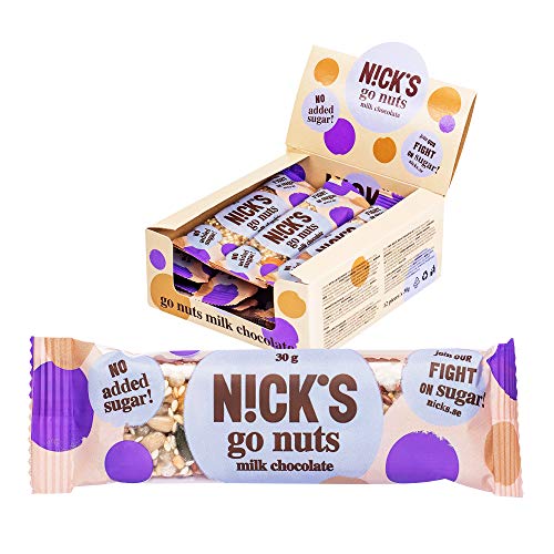 Nicks Go Nuts, Barretta di semi e noci con cioccolata al latte, senza zucchero aggiunto, senza glutine 12 x 30g