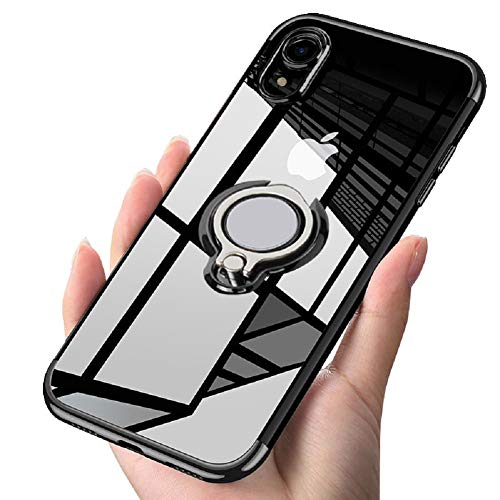 kadixini Custodia Cover per iPhone XR Trasparente Morbido TPU Protettivo Sottile Chiaro Case 360° Ring Regolabile Anello Magnetica Supporto Silicone Custodia Antiurto Compatibile con iPhone XR Nero