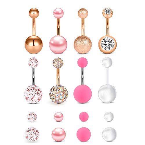 Rajnard 14G 1.6mm Piercing Ombelico 10mm Acciaio Chirurgico Perla Sfera di Cristallo 8 Pezzi Oro rosa