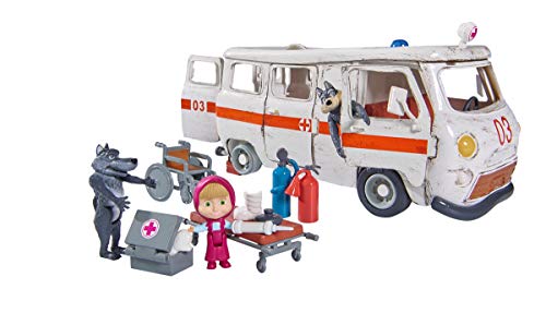 Simba 109309863 - Masha e Orso Playset Ambulance, 2 statuine di lupi + 1 statuetta articolata Masha