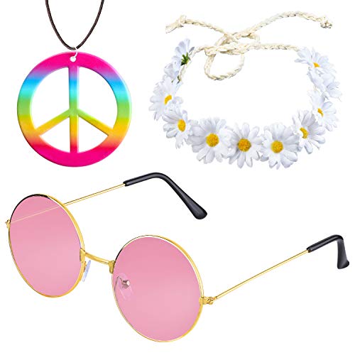 Beelittle Hippie Costume Set - Stile Vintage Anni '60 Occhiali firmati per la Pace Collana Girasole per Capelli Crown Fascia Anni '60 Hippie Set Accessori per Abiti (B)