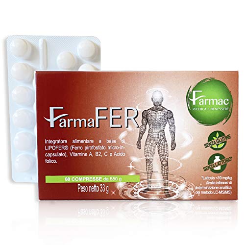 FarmaFer integratore Ferro | 60 pastiglie con Ferro, Vitamine A, B2, C e Acido Folico | Ferro Liposomiale: Sapore gradevole, maggiore assorbimento e biodisponibilità