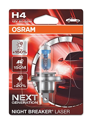 OSRAM NIGHT BREAKER LASER H4, next generation, +150% di luce, lampada da proiettore alogena, 64193NL-01B, 12V, auto, blister singolo (1 lampada)