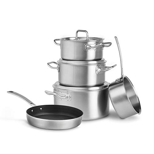 Set di pentole Tim Mälzer Tri-Ply 3x pentole con coperchio in acciaio inox, 1x pentola con manico extra lungo, Adatto per l'induzione - 4 pz incl. Padella