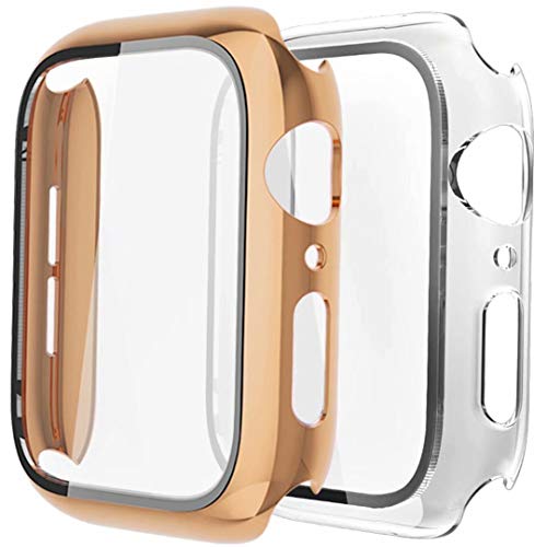 Fengyiyuda Cover[2-Pezzi]Compatibile con Apple Watch Custodia 38/40/42/44mm con Anti-Bubble TPU Pellicola Protettiva,360 Rugged Case per IWatch Series se/6/5/4/3/2/1-Pink Gold/Clear