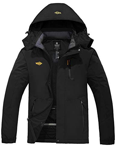 Wantdo Giacca da Sci Montagna Calda Invernale Parka da Neve Imbottita Cappotto da Snowboard in Pile Giubbotto con Cappuccio Impermeabile Uomo Nero 3XL