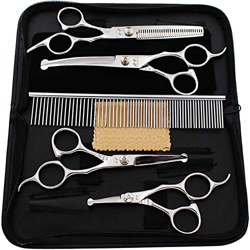 iSeaFly Dog Scissors with Round Tip, Set of 5 Dog Grooming Kit, Stainless Steel Pet Grooming Scissors for Full Body, Face, Nose, Ear And Paw (Silver)