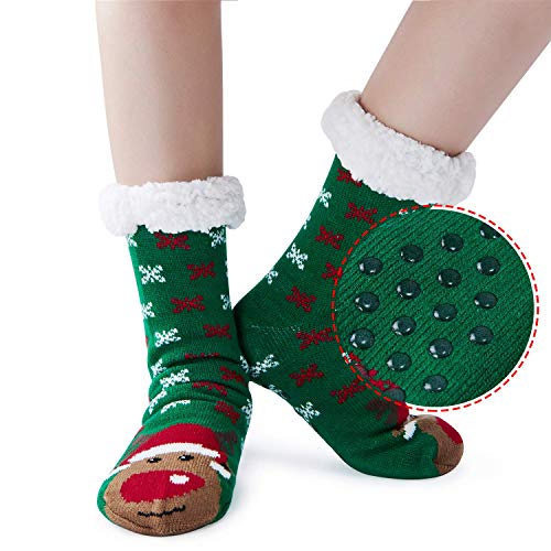 AIDEAONE Ladies Christmas Knit Slipper Sock Furry Fleece Lined Calzini morbidi non scivolanti (Green)