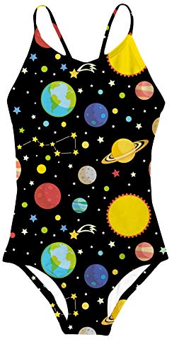 RAISEVERN Kids Cool Planet Printed Swim Wear One Pieces Bathing Suit Summer Beach Wear Swimsuit for Baby Girls Black 3-4Years