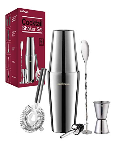 INNÔPLUS Shaker Cocktail Set Kit Barman di 6 Pezzi, Boston Shaker Cocktail Professionale in Acciaio Inox, Bar Bartender Kit Barman Completo Kit Cocktail di Regalo con Accessori,Jigger, Bar Spoon