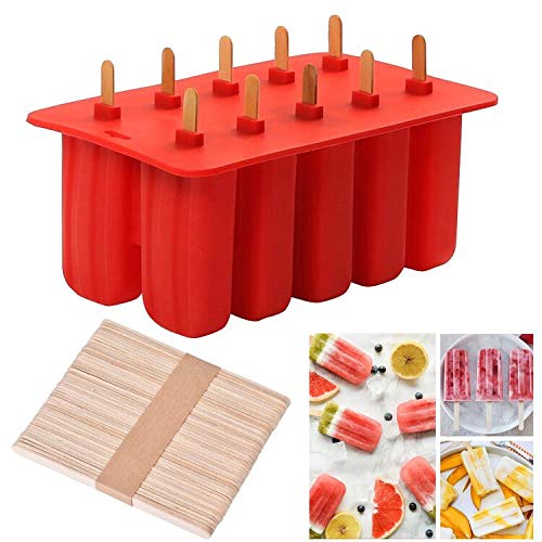 Cozywind Stampi Ice Bar Stampo ghiacciolo Makers 10 Set Ice Cream Vassoio Popsicle Frozen Yogurt Bar Ideale per la Preparazione di ghiaccioli, Gelati, sorbetti (Red)