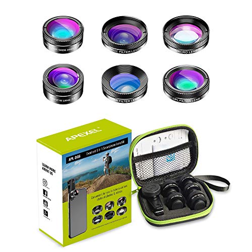 Apexel - Kit obiettivo fotocamera 6 in 1 con obiettivo grandangolare + obiettivo macro + obiettivo Fisheye + filtro ND + filtro CPL/Star per smartphone iPhone 8/x 7/Plus Samsung S8 Android