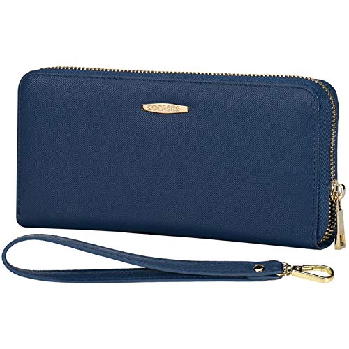 Portafoglio Donna, PU pelle con zip/cerniera XXL di grande capacità, COCASES Clutch Pochette con cinturino per polso (Blu)