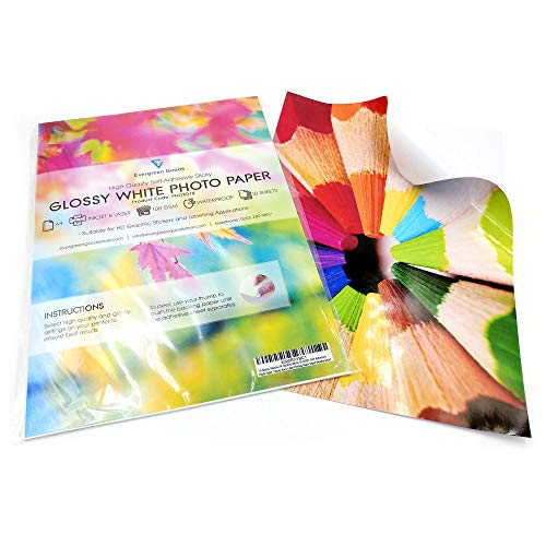 Evergreen Goods - 10 fogli di carta fotografica A4 di qualità, bianca, lucida, autoadesiva, con retro adesivo per stampa resistente all’acqua