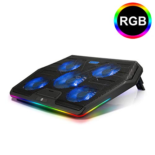 TECKNET Base Raffreddamento Notebook Regolabile in Altezza, Raffreddamento PC Portatile per Laptop con 7 Luci RGB a Colori e 5 Ventole Ultra-Silenziose, Adatto per da 12