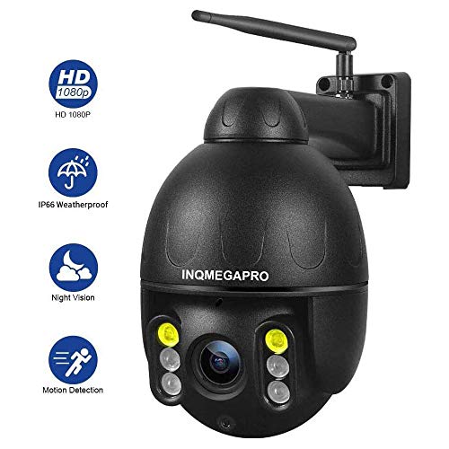 Telecamera Wifi Esterna, INQMEGAPRO 1080P PTZ Dome Telecamera di Sorveglianza Wireless, IP66 Impermeabile Videocamera di Sicurezza, Colorato Visione Notturna, Audio Bidirezionale, Motion Detection