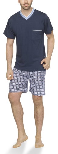 MoonLine – pigiama da Uomo con pantaloncini, in 100% cotone navy/hell blau/bordeaux X-Large