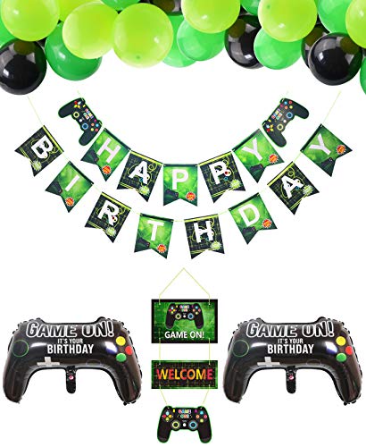 PIXHOTUL Articoli per Feste per Videogiochi Happy Birthday Striscioni di Gioco, Decorazioni Sospese di Benvenuto e Palloncini a Tema Giocatore 32 Pezzi per la Festa di Compleanno dei Ragazzi
