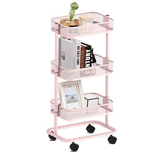 alvorog Carrello Cucina in Metallo, Carrello Portaoggetti con 3 Cesti di Filo Metallico, Altezza Regolabile, Assemblaggio Senza Viti, Scaffale con Ruote, per Cucina, Bagno e Studio - Rosa