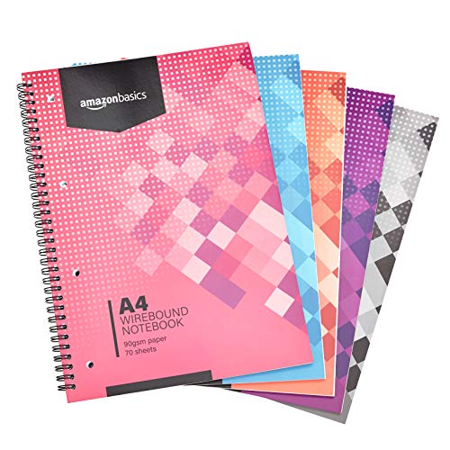 AmazonBasics - Quaderno con rilegatura a spirale, colori assortiti, 140 pagine, formato A4, 90 g/m², (confezione da 5)