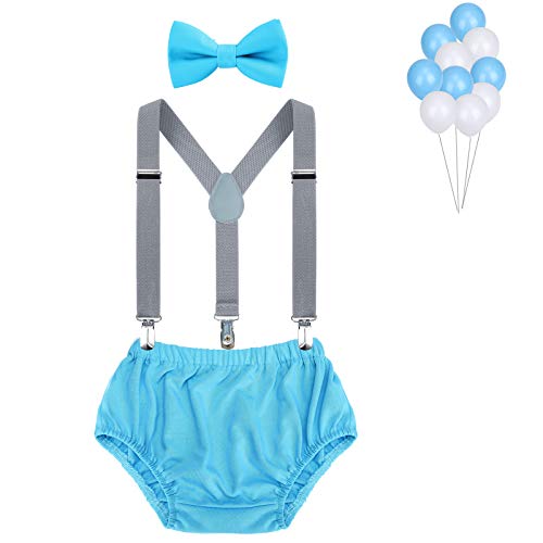 WELROG Ragazzi Vestito Smash Cake - Bretelle a Y regolabili/Bretelle e Papillon (Blu + Grigio + Blu cielo)