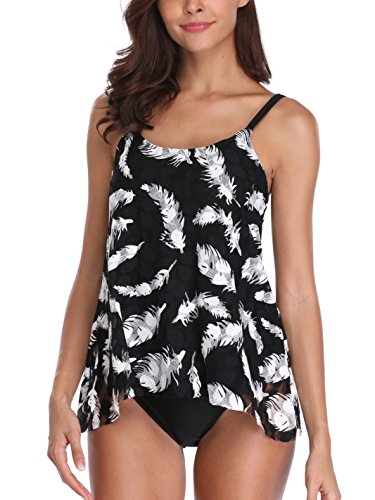 FLYILY Tankini da Donna in Rete, Costume da Bagno, Set da 2 Pezzi, Bikini con Slip a Vita Alta, Taglie Forti(Feather,L)