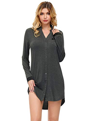 Zexxxy Donna Abbottonate Camicia da Notte in Cotone Camicia da Notte Morbida Vestito Corto Taglia XL Grigio