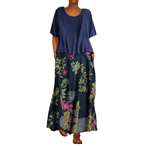 Taglie Comode Da Donna Vestito Vintage Floreale Stampato Girocollo Manica Corta Patchwork Lino Floreale Vestito Estivo Casual Beach Party Maxi Abiti Marina Militare M