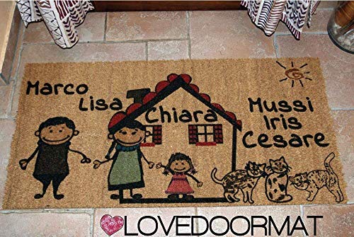 Zerbino Personalizzato da interno - FUMETTO FAMIGLIA E NOMI - in cocco naturale cm. 100x50x2 LOVEDOORMAT Marchio Registrato Handmade in Italy